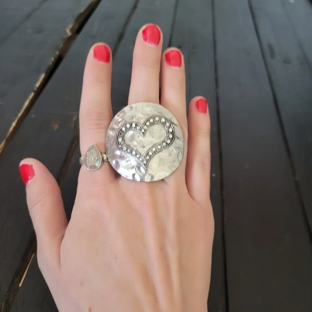 Hammered Heart Ring Circle Stretchy One Size Silver Rhinestone Large Statement
